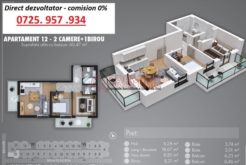 Metrou Berceni, acte gata, 2 camere + birou, incalzire in pardoseala