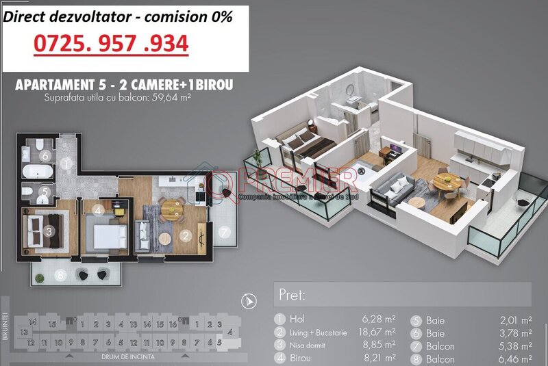 Metrou Berceni, acte gata, 2 camere + birou, incalzire in pardoseala