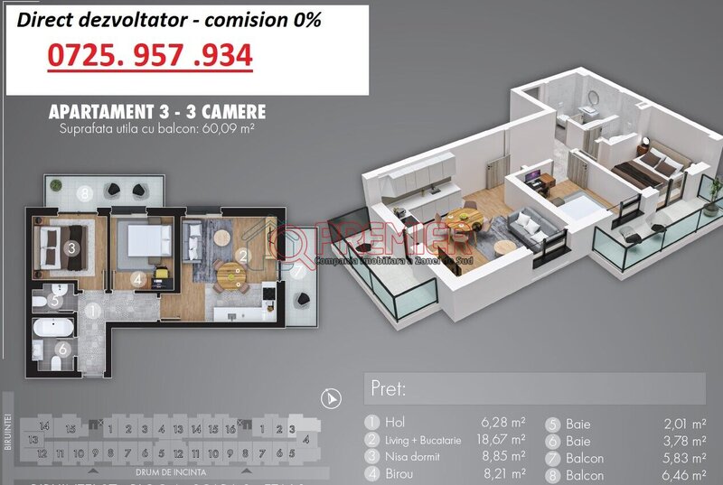 Metrou Berceni, acte gata, 2 camere + birou, incalzire in pardoseala